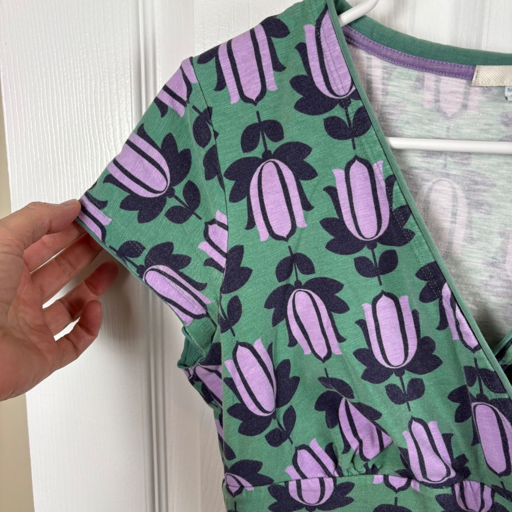 Boden Dress Size 6 Cotton Jersey Green Purple Floral Empire Waist Casual Travel - Picture 3 of 8